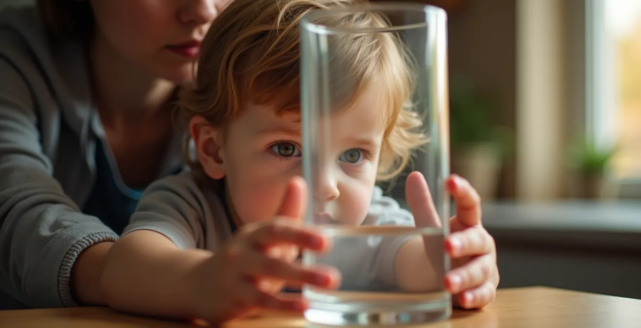 Famille avec enfants observant attentivement un système de filtration naturelle transparent