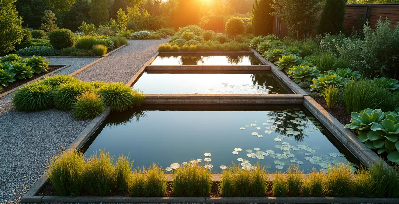 Vue aérienne minimaliste d'un système de filtration naturelle intégré dans un jardin écologique