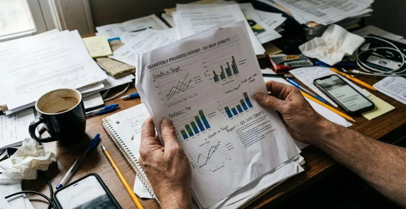 Mains tenant un rapport papier avec graphiques sur un bureau parsemé de documents et stylos