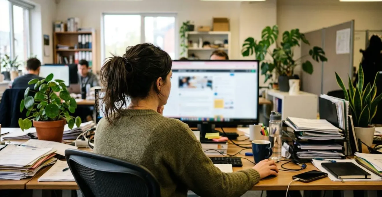 Personne vue de dos regardant un écran d'ordinateur dans un bureau avec plantes vertes et documents éparpillés