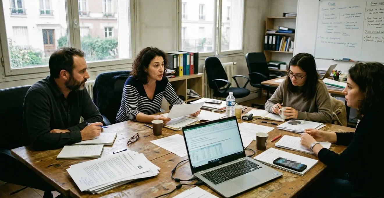 Équipe de travail réunie autour d'une table avec documents et ordinateur portable dans un bureau lumineux aux tons naturels