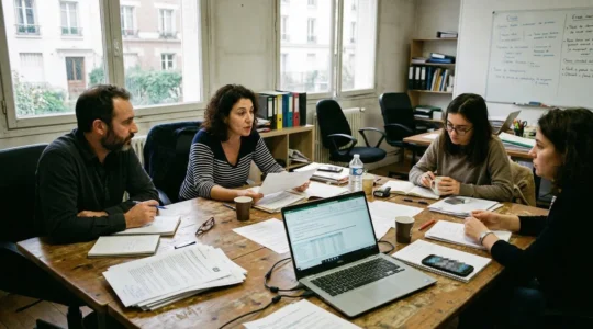 Équipe de travail réunie autour d'une table avec documents et ordinateur portable dans un bureau lumineux aux tons naturels