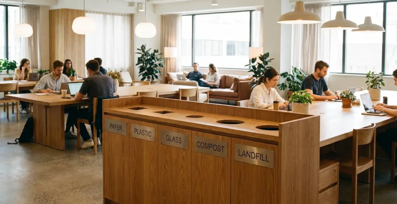 Borne de tri sélectif en bois dans un open space moderne d'entreprise
