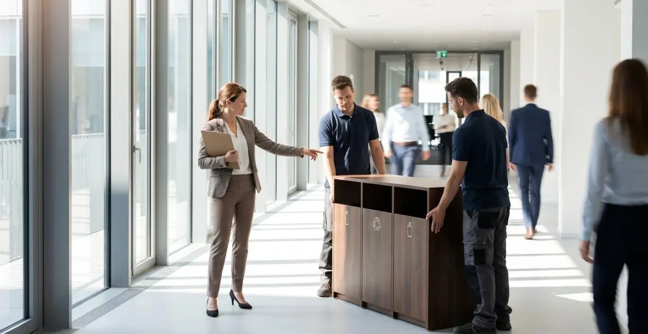 Responsable facility supervisant l'installation d'une borne de tri sélectif en bois dans un couloir d'entreprise
