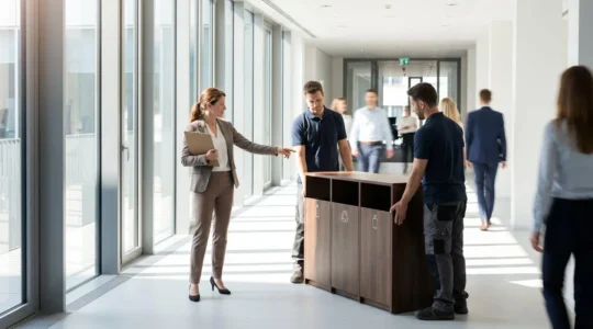 Responsable facility supervisant l'installation d'une borne de tri sélectif en bois dans un couloir d'entreprise