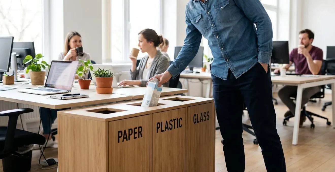 Salarié déposant un déchet dans une borne de tri en bois au bureau